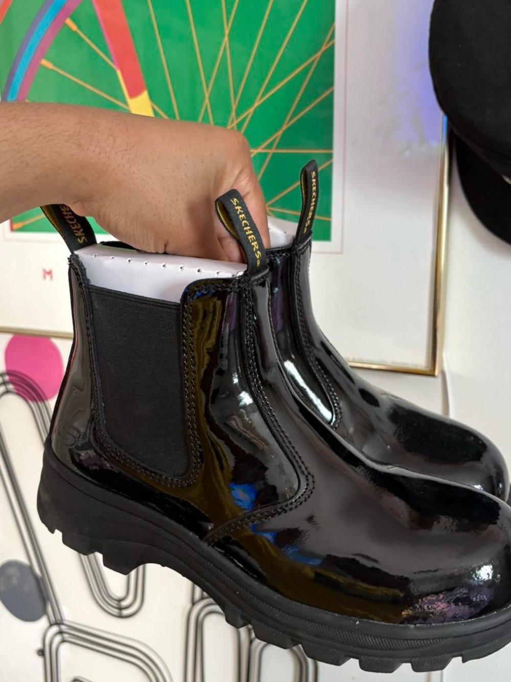 Skechers Black Patent Chelsea Lug Boots